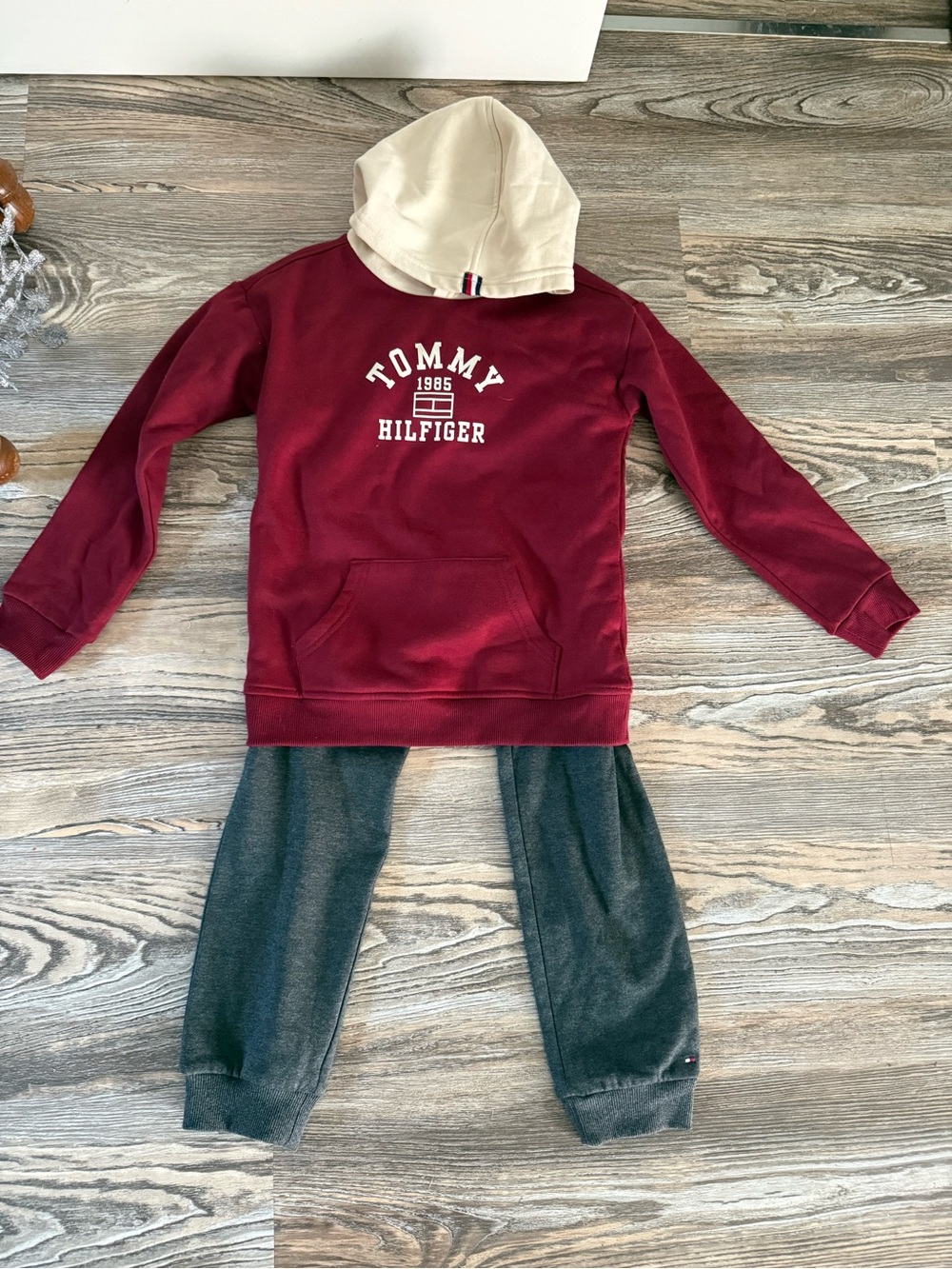 Tommy Hilfiger Burgundy Hoodie with Cream Hood and Grey Joggers